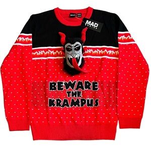 Mad Engine BEWARE THE KRAMPUS Red Black Ugly Christmas Sweater Unisex Medium NWT